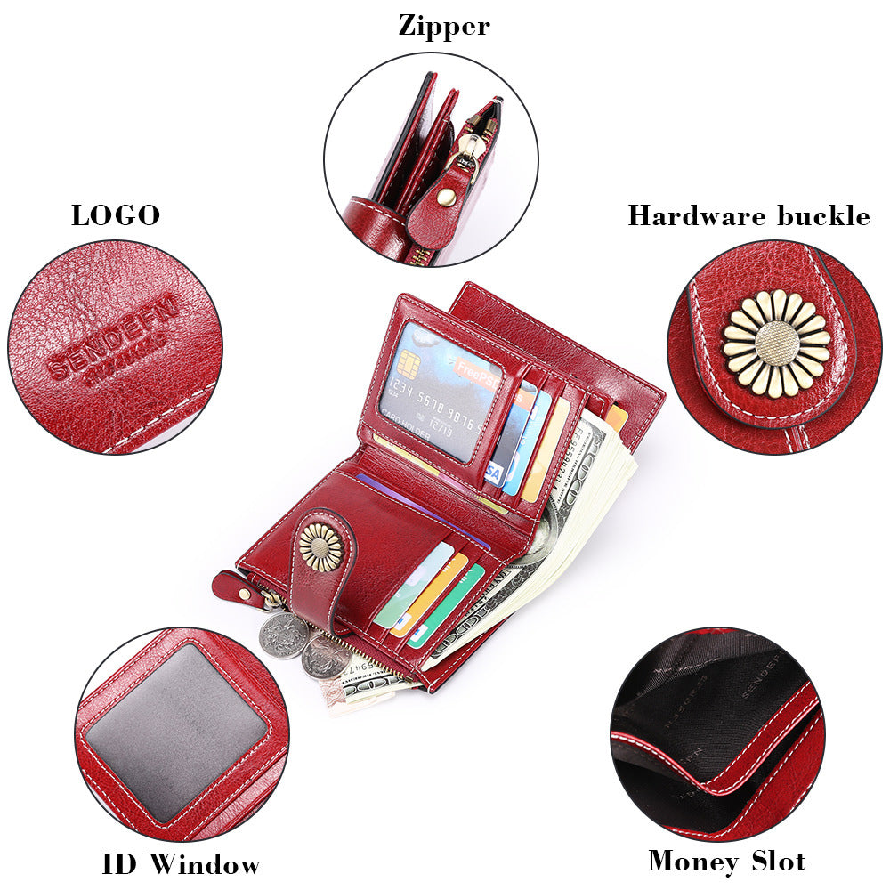 Sky Blue (Wrestling) Women's Short Leather Wallet - European Style Waxed Leather Coin Purse with Zipper Card Holder in Red