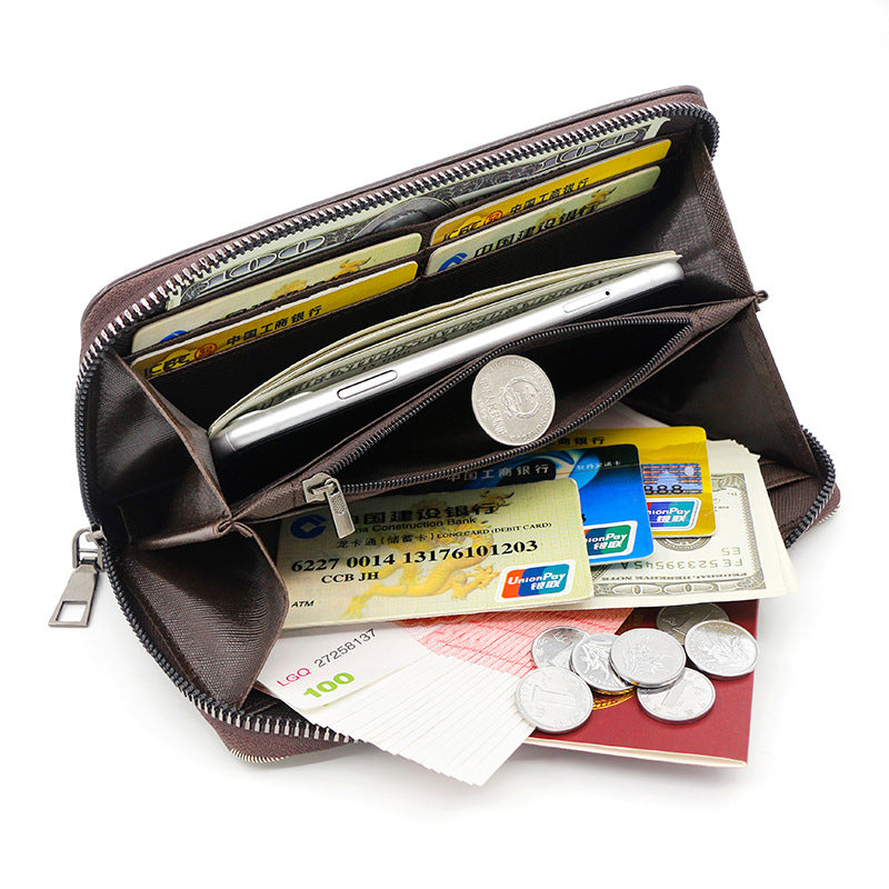 Light Brown 2PCS Men's Premium Long Wallet - Business PU Leather Zip Around Card Holder with Multiple Slots & Pull-Tab Design