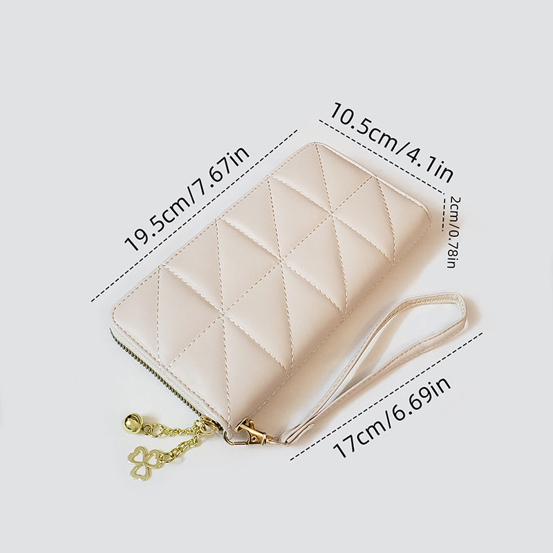 Green-Triangle Women's Classic Quilted Long Wallet - Premium Diamond Stitch Zip Around Card Holder with Multiple Compartments