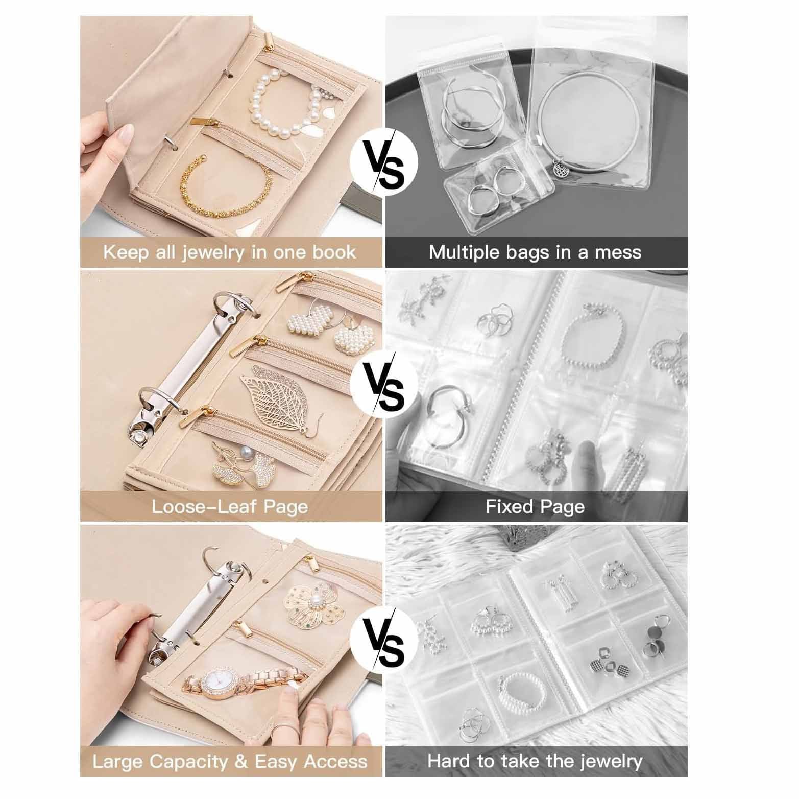 Black Foldable Travel Jewelry Organizer - Velvet Zippered Case with Transparent Pages & Detachable Pouches