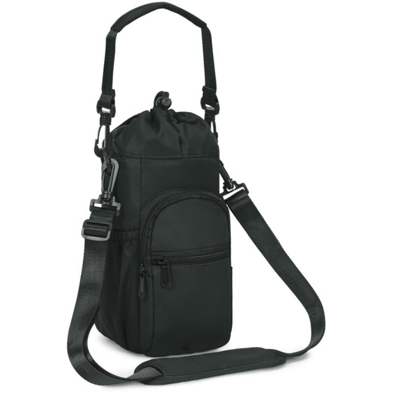 Black Insulated Cup Holder Bag with Adjustable Strap - Water Bottle Carrier with Lock Drawstring & Heatproof Handle