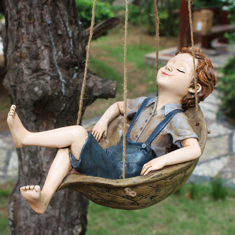 Walnut Boy Swing Resin Ornament - 20.5x11x12.5cm Charming Garden Hanging Decor for Trees & Patios