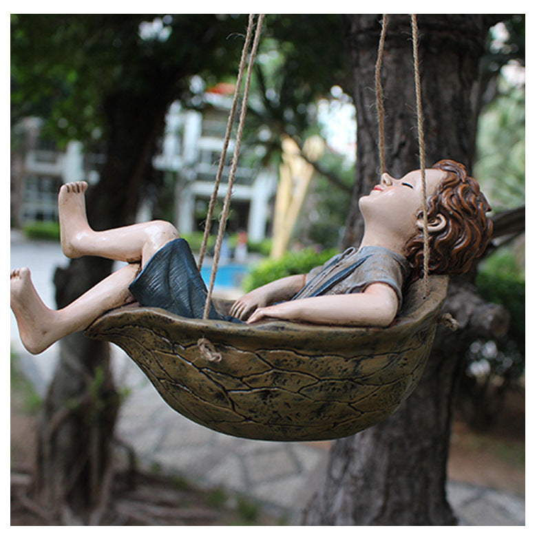 Walnut Boy Swing Resin Ornament - 20.5x11x12.5cm Charming Garden Hanging Decor for Trees & Patios
