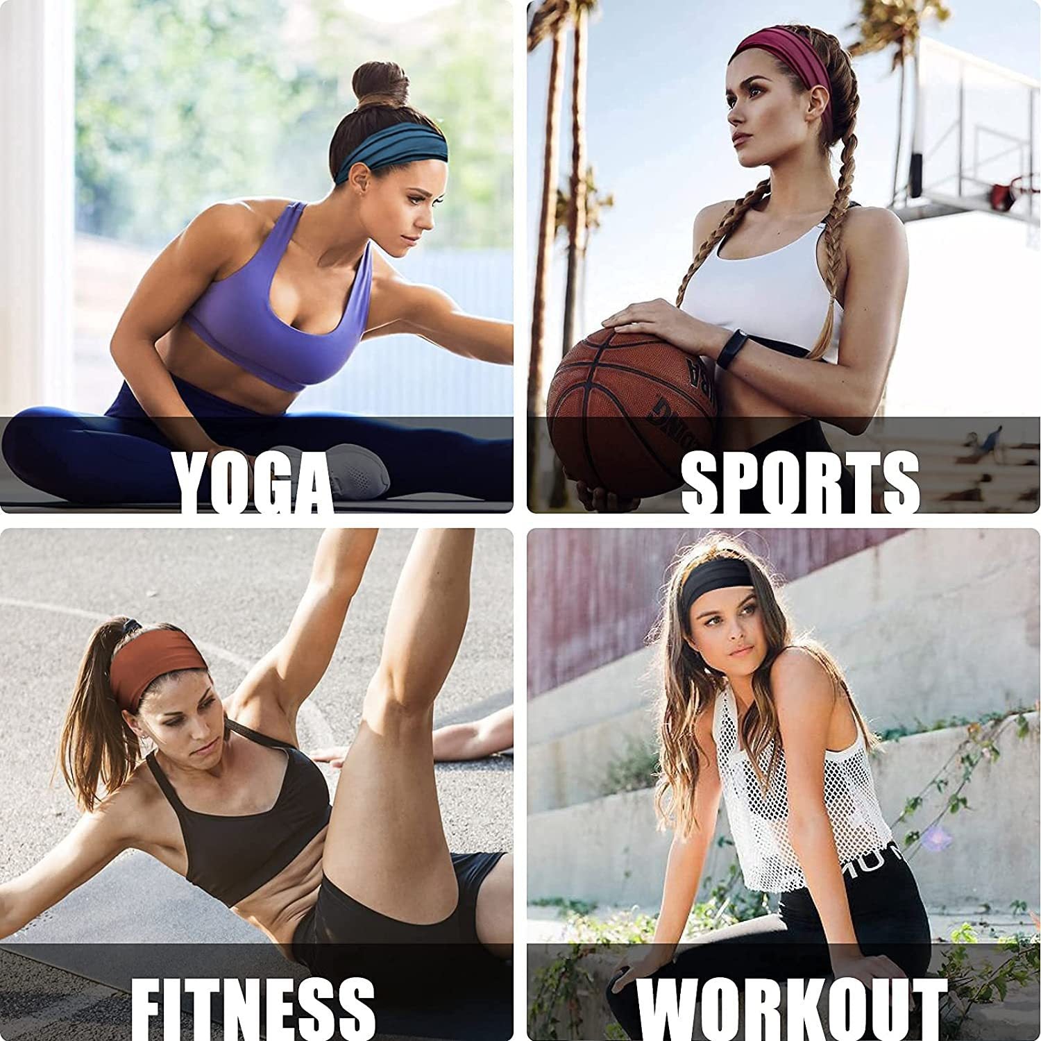 Camouflage Yellow 5-Pack Wide Sports Headbands for Women - Non-Slip Yoga Headwraps with Sweat-Wicking Fabric (88% Nylon+12% Spandex)