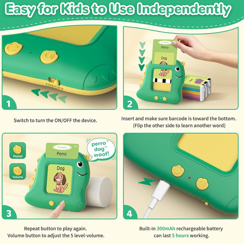 Little Blue Dinosaur [112 cards] Bilingual Early Learning Flash Card Reader - Interactive Audio Toy for Toddlers