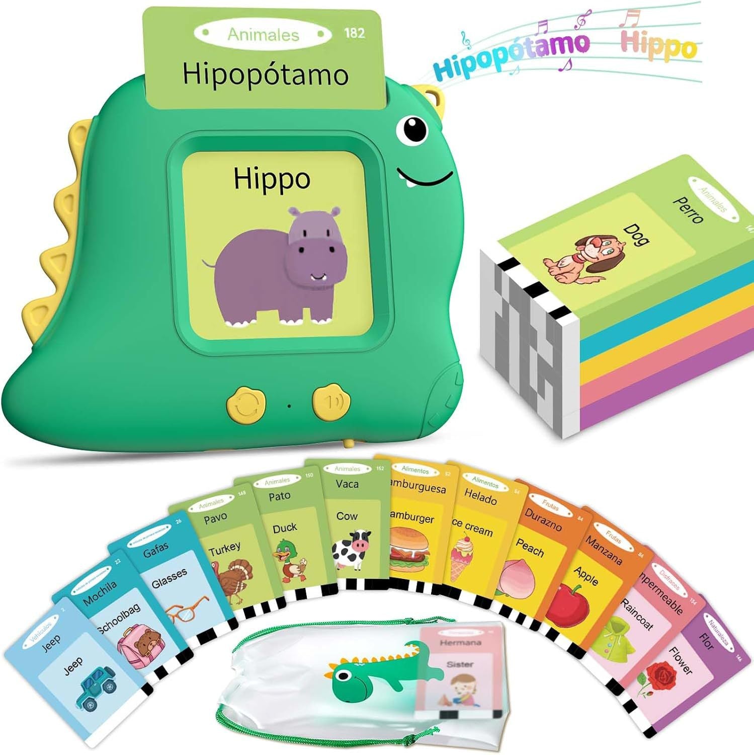 Little Green Dinosaur Spanish & English Bilingual Flash Card Reader - Interactive Audio Learning Toy (112 Cards)
