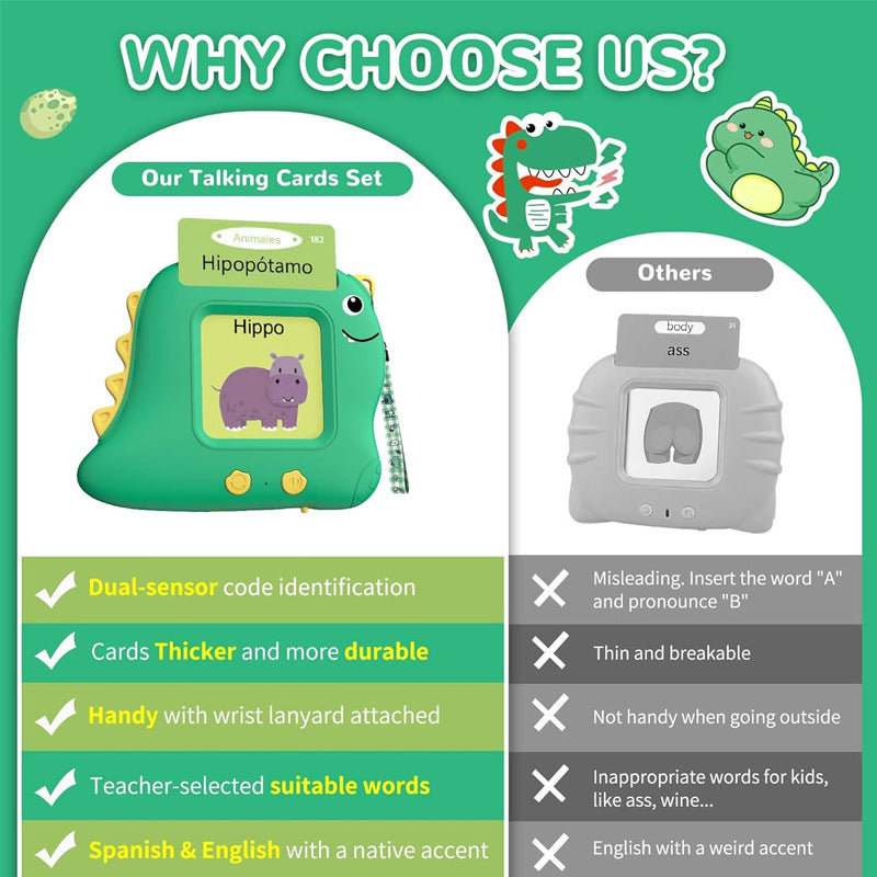 Little Green Dinosaur Spanish & English Bilingual Flash Card Reader - Interactive Audio Learning Toy (112 Cards)