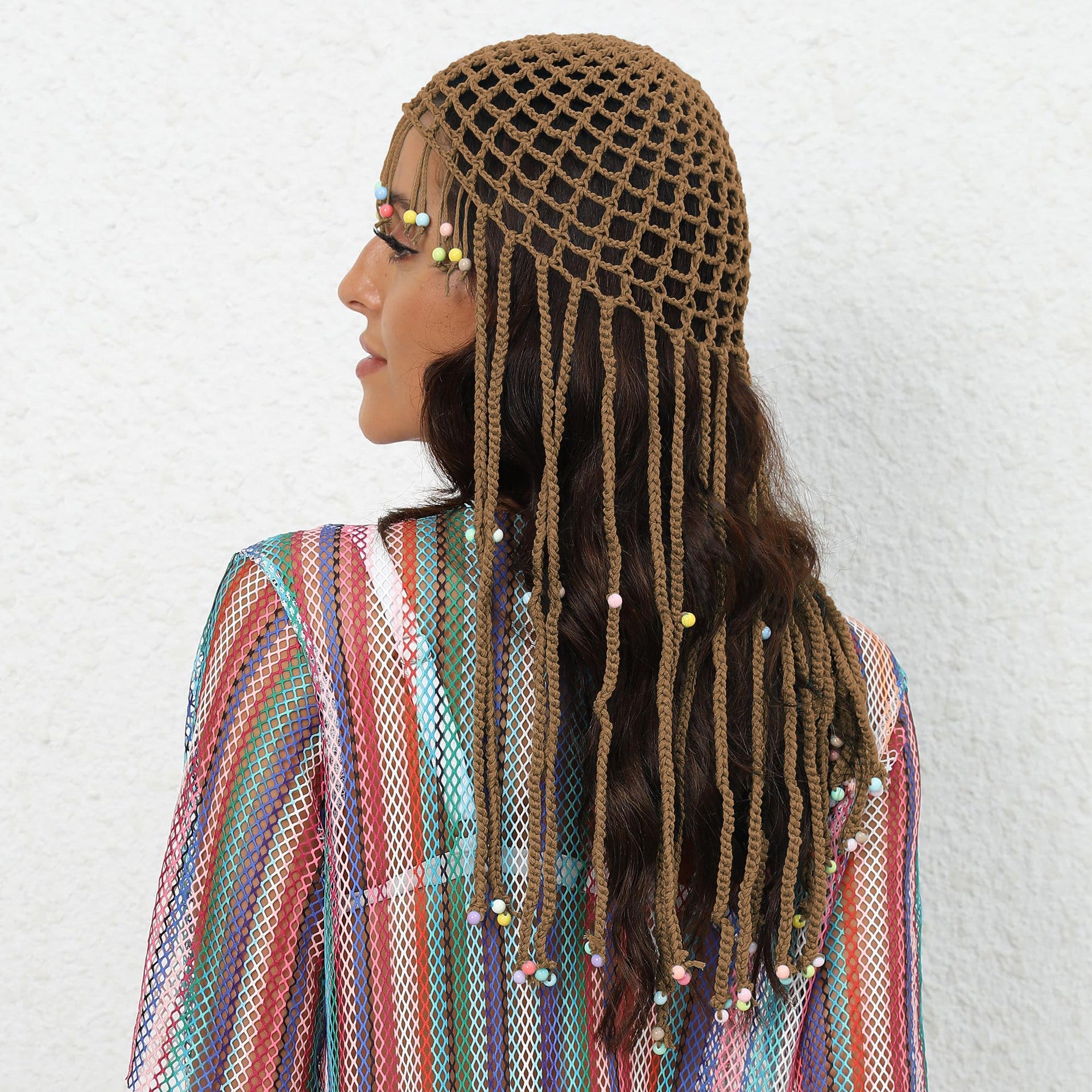 Coffee Boho Hand-Crocheted Tassel Sun Hat - Lightweight Breathable Beach Cap (Fits 55-60cm)