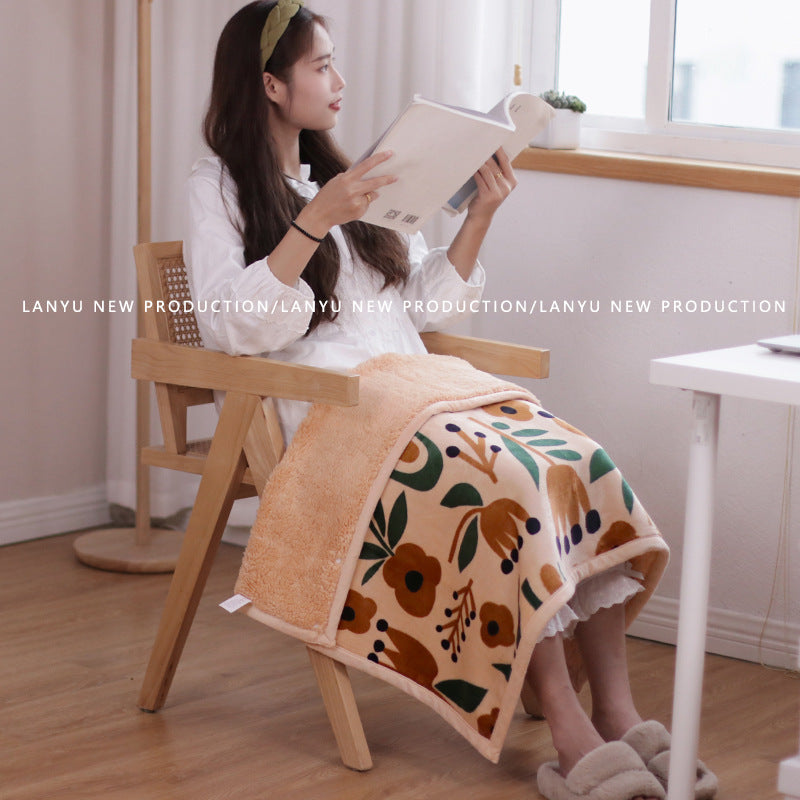 Double-Sided Geometric & Plush Throw Blanket - Warm 70x100cm Multi-Use Wrap(Flower/reverse orange)