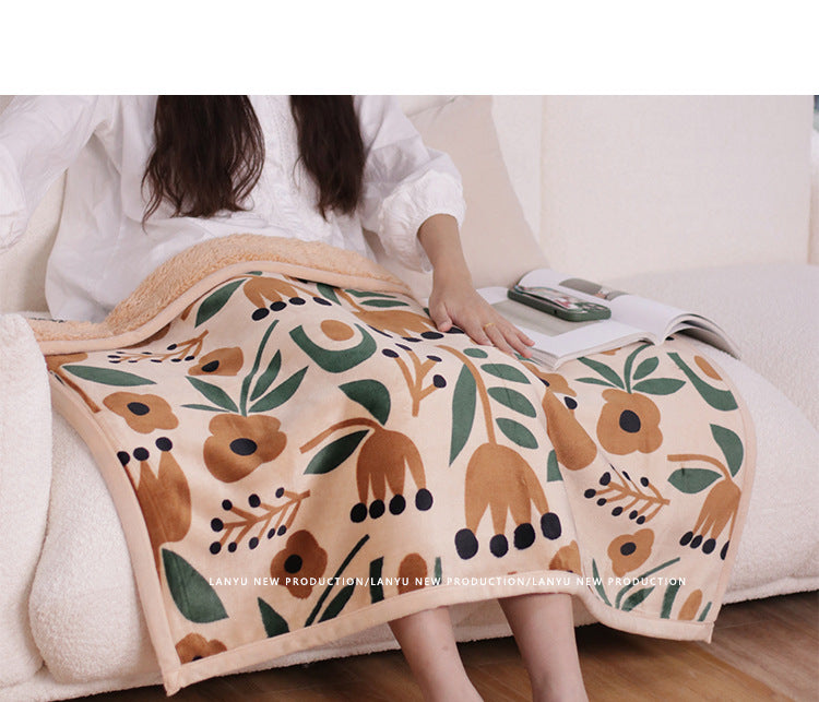 Double-Sided Geometric & Plush Throw Blanket - Warm 70x100cm Multi-Use Wrap(Flower/reverse orange)