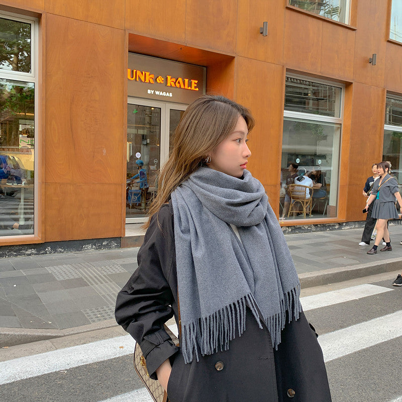 Luxury Cashmere Blend Scarf, Large 200x70cm Fringed Scarf (Dark Heather Gray)