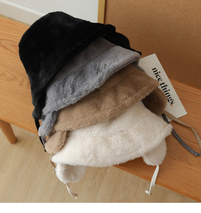 Plush Bucket Hat with Ear Flaps,Warm Furry Winter Hat in White-One size (54-59cm) adjustable