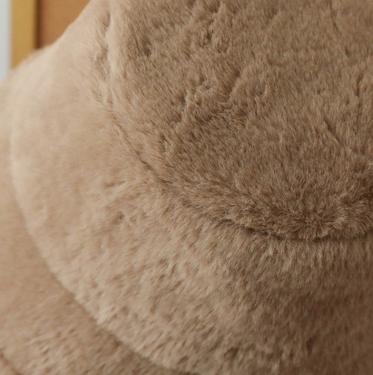 Plush Bucket Hat with Ear Flaps,Warm Furry Winter Hat in White-One size (54-59cm) adjustable