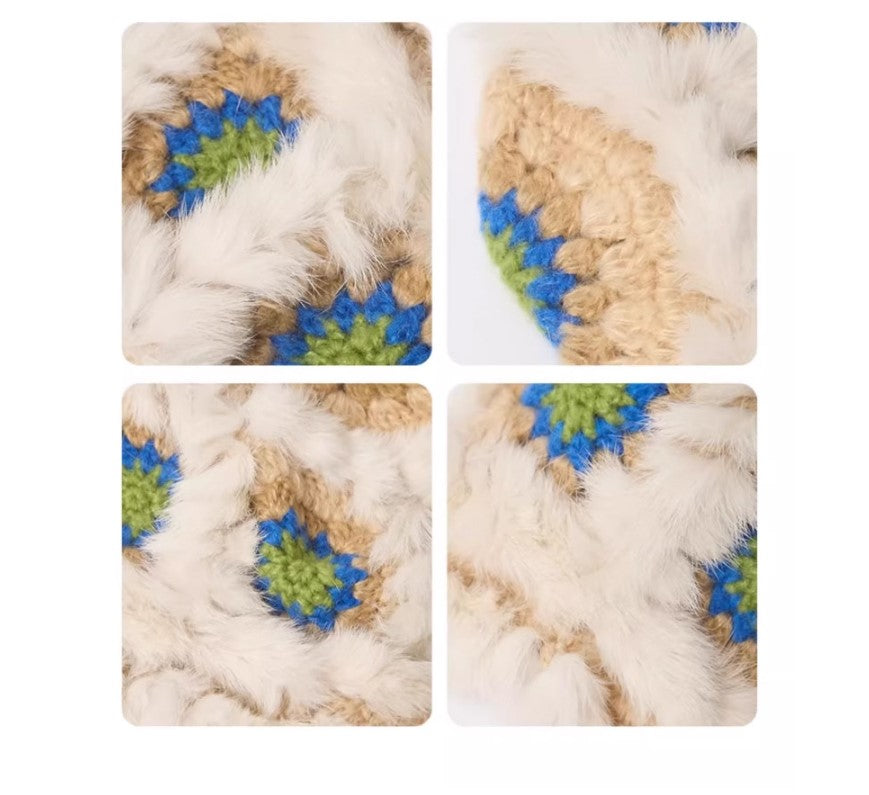 Plush Floral Bucket Hat,Warm Crocheted Winter Hat in Beige-Hat circumference: 56-60cm