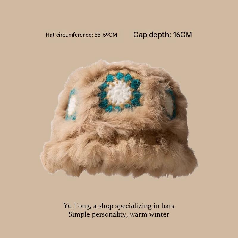 Plush Floral Bucket Hat,Warm Crocheted Winter Hat  in Khaki-Hat circumference: 56-60cm