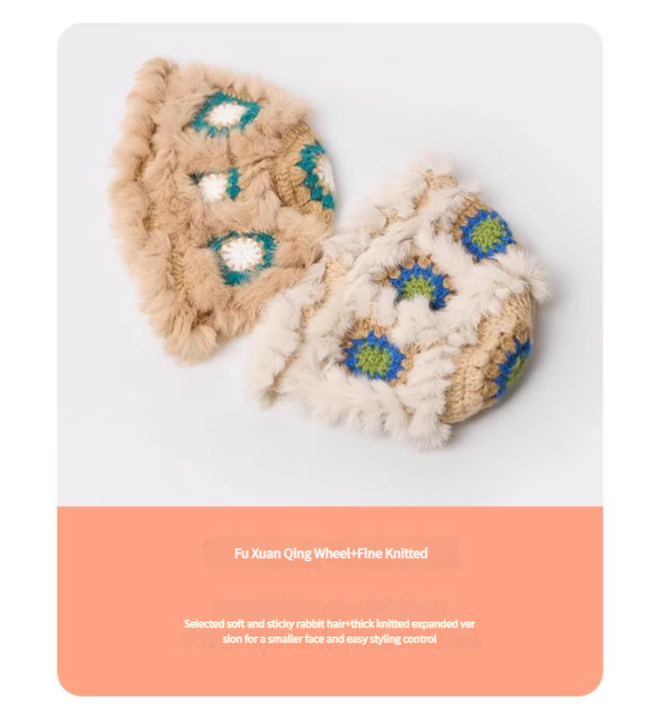 Plush Floral Bucket Hat,Warm Crocheted Winter Hat in Black and White-Hat circumference: 56-60cm