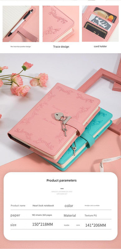 Heart Lock Diary with Key - Vintage Style Journal, Green PU Leather, Secure and Elegant