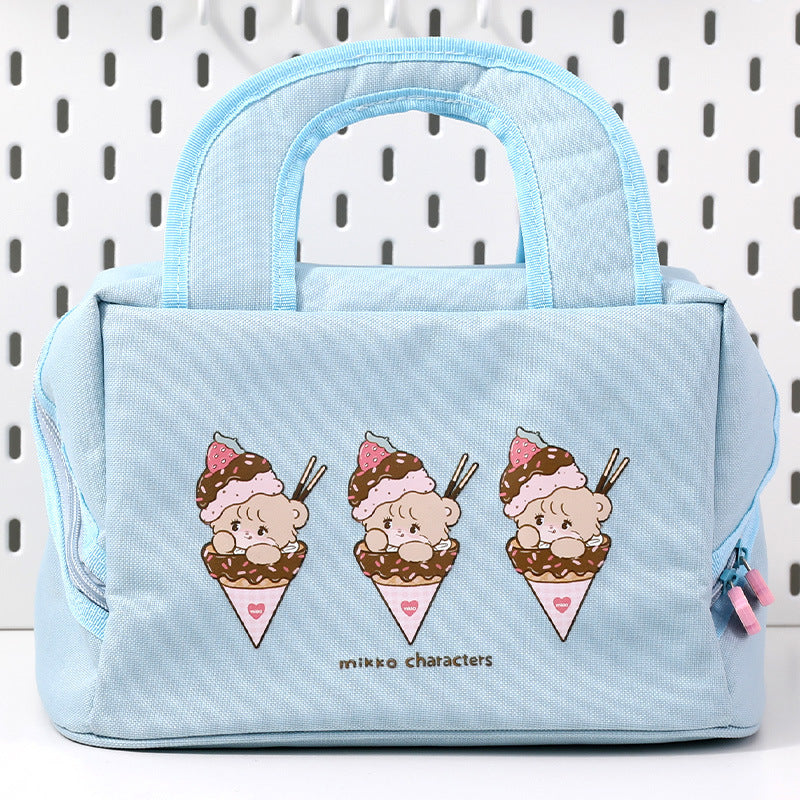 Blue (Ice Cream Bear) Cute Cartoon Lunch Bag - Large Capacity Insulated Handbag for Students and Office Use