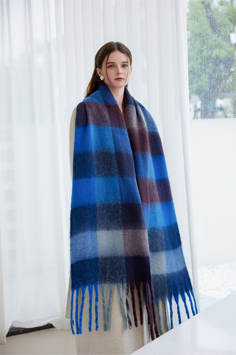 Winter Luxe Warm Oversized Scarf-Cozy Thick Plaid Wrap, European Chic Style(Powder blue plaid)