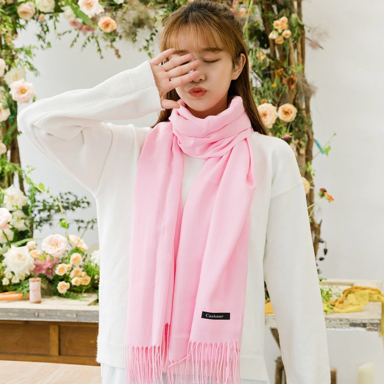 Luxe Soft Imitation Cashmere Scarf - Warm Solid Tone Shawl with Elegant Fringe(Red Bean Paste Powder)