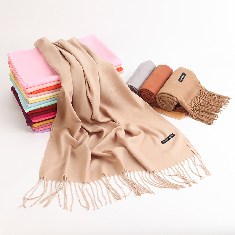 Luxe Soft Imitation Cashmere Scarf - Warm Solid Tone Shawl with Elegant Fringe(Red Bean Paste Powder)