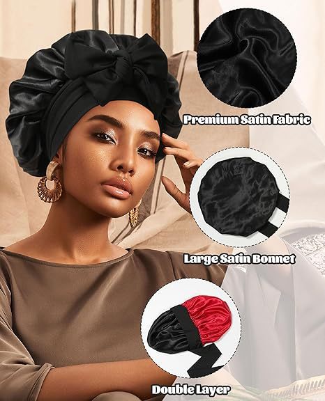 Luxury Double-Sided Satin Bonnet with Elastic Band(Black + bright red lining)