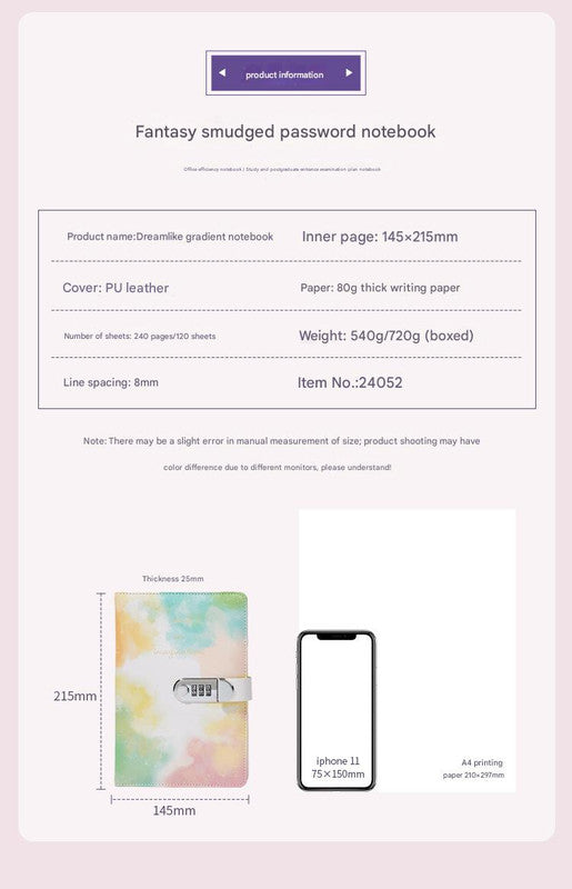 A5 Tie-Dye Journal with Combination Lock - 240 Pages, Soft Touch Cover Diary(Light blue)