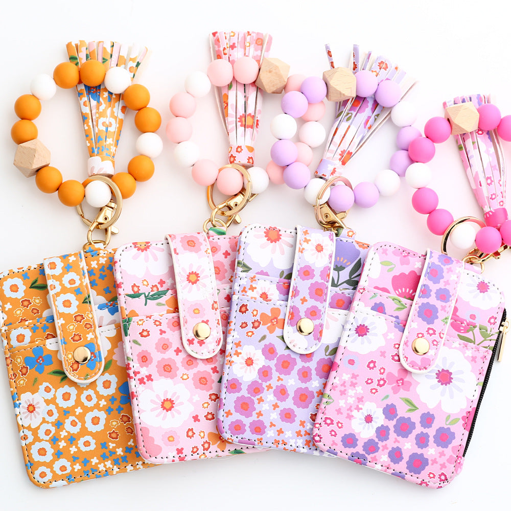 Floral Slim Card Holder Wallet with Beaded Keychain Bracelet & Tassel - 4 Card Slots, ID Window(Light pink)