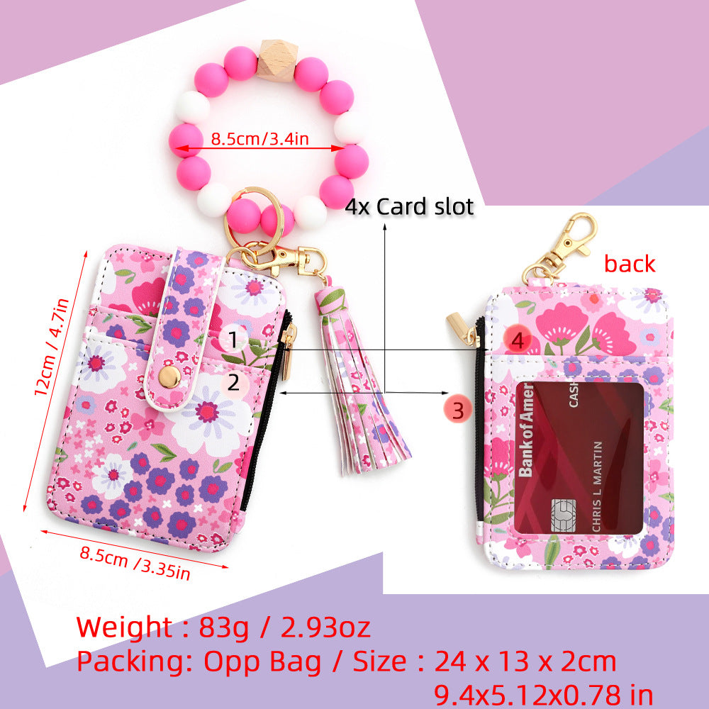 Floral Slim Card Holder Wallet with Beaded Keychain Bracelet & Tassel - 4 Card Slots, ID Window(Light pink)