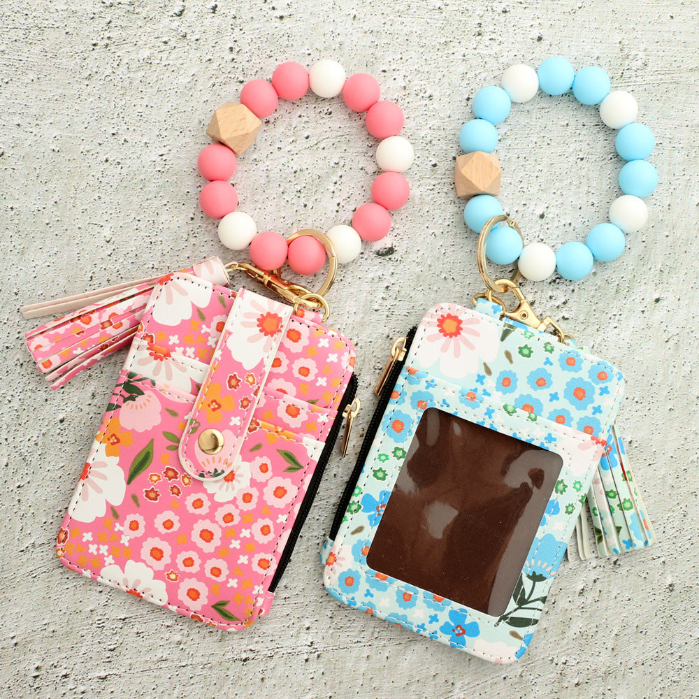 Floral Slim Card Holder Wallet with Beaded Keychain Bracelet & Tassel - 4 Card Slots, ID Window(Khaki)