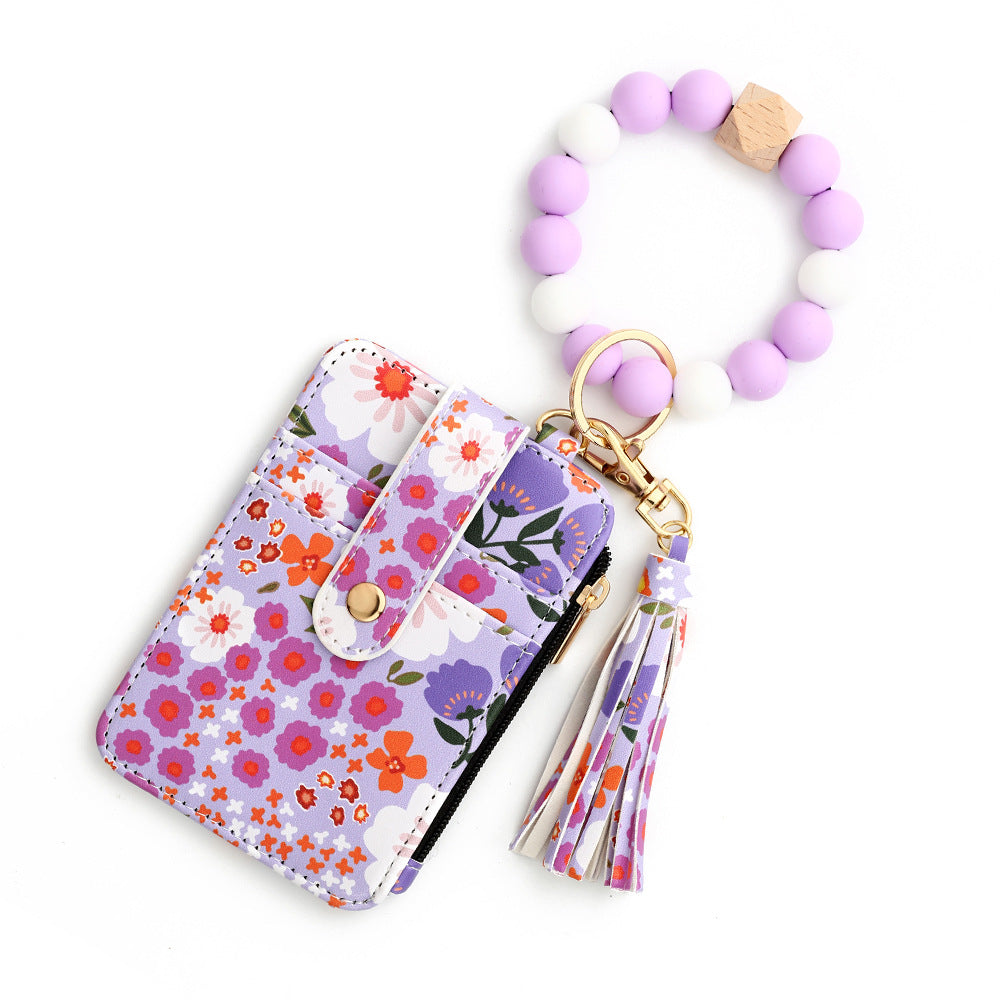 Floral Slim Card Holder Wallet with Beaded Keychain Bracelet & Tassel - 4 Card Slots, ID Window(Light purple)