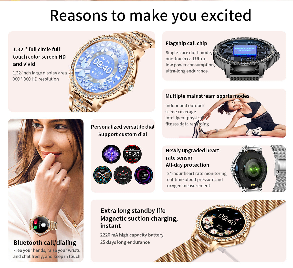 Elegant Women's Smartwatch,HD Touchscreen, Bluetooth Calls, Health Monitoring(Black)