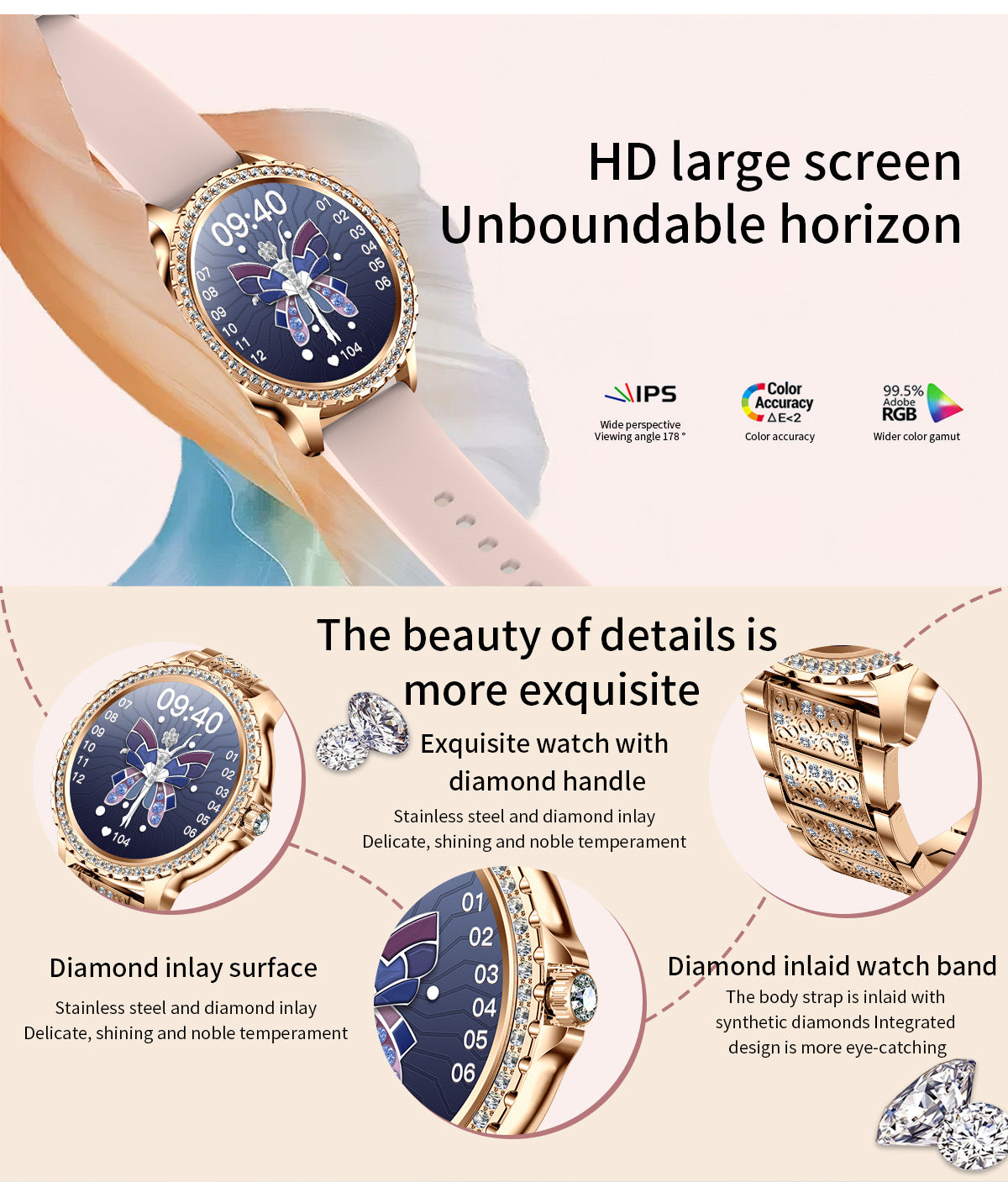 Elegant Women's Smartwatch,HD Touchscreen, Bluetooth Calls, Health Monitoring(Black)