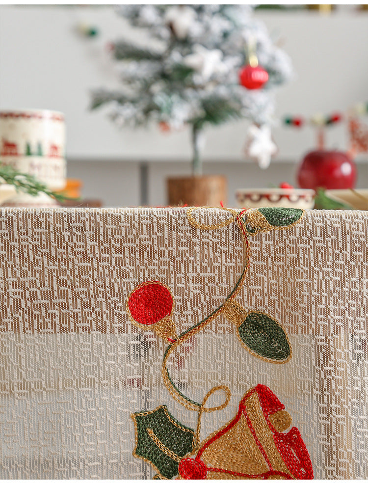 Embroidered Christmas Tablecloth - Embroidered Bells & Holly Design (140*140cm)