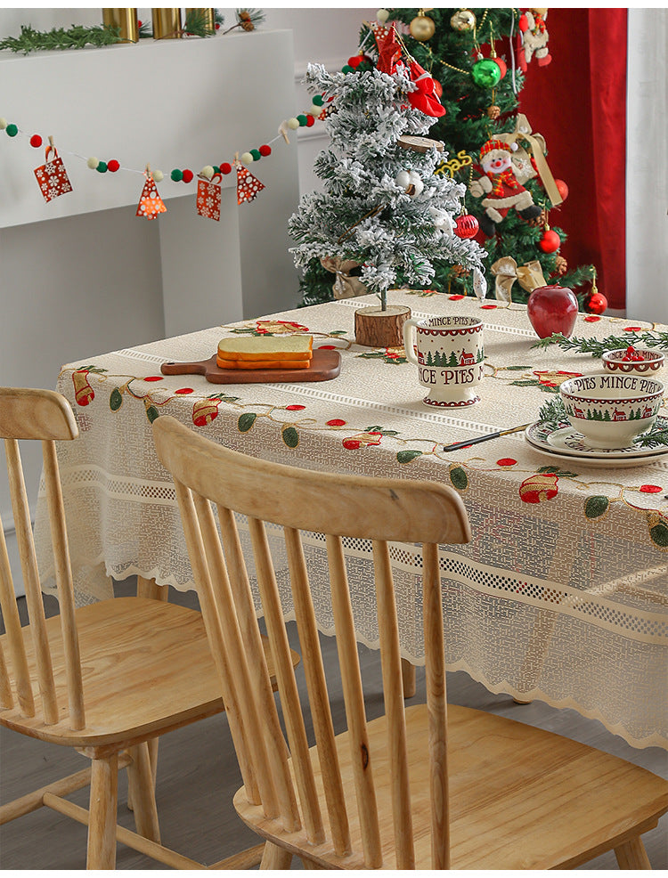 Embroidered Christmas Tablecloth - Embroidered Bells & Holly Design (140*140cm)