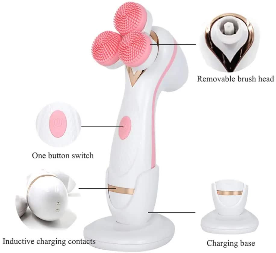 Pink 3-Head Electric Facial Cleansing Brush - Rechargeable Spin Scrubber Kit
