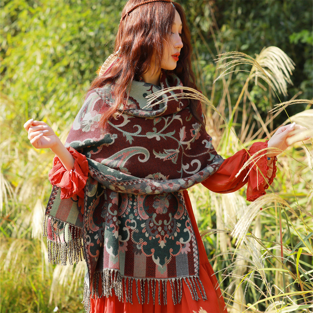 Style 1 Women's Ethnic Faux Cashmere Shawl Wrap - Jacquard Pattern Tassel Scarf (Flowers in full bloom)