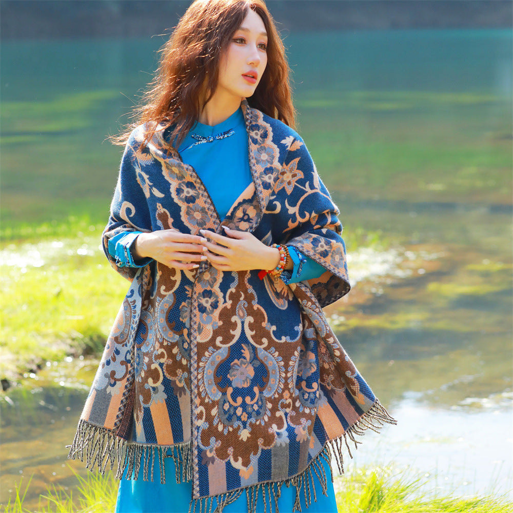 Style 2 Women's Ethnic Faux Cashmere Shawl Wrap - Jacquard Pattern Tassel Scarf (Flowers in full bloom blue)