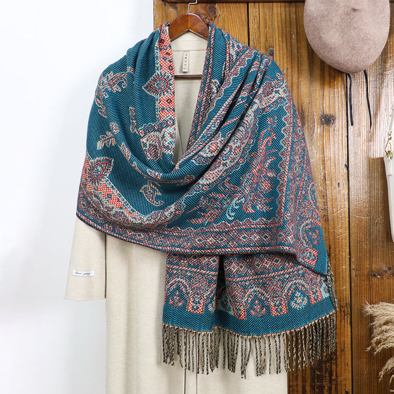 Style 3 Women's Ethnic Faux Cashmere Shawl Wrap - Jacquard Pattern Tassel Scarf (A unique blue)