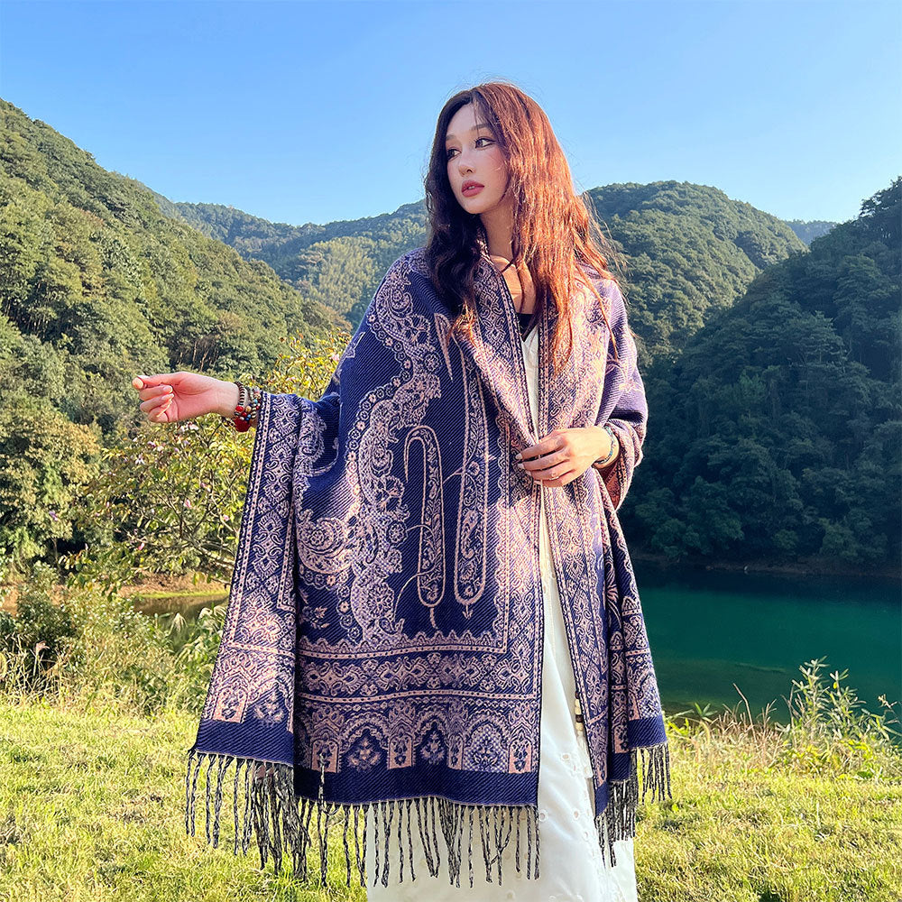 Style 4 Women's Ethnic Faux Cashmere Shawl Wrap - Jacquard Pattern Tassel Scarf (A unique hole purple)