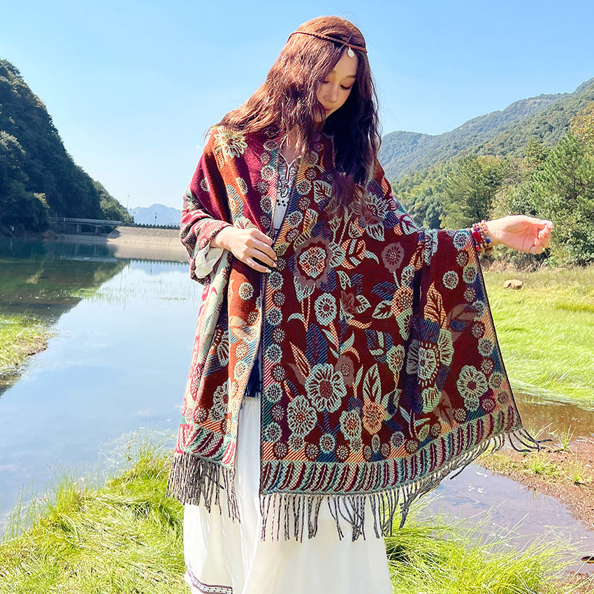 Style 5 Women's Ethnic Faux Cashmere Shawl Wrap - Jacquard Pattern Tassel Scarf (Ink Rain and Flowers)