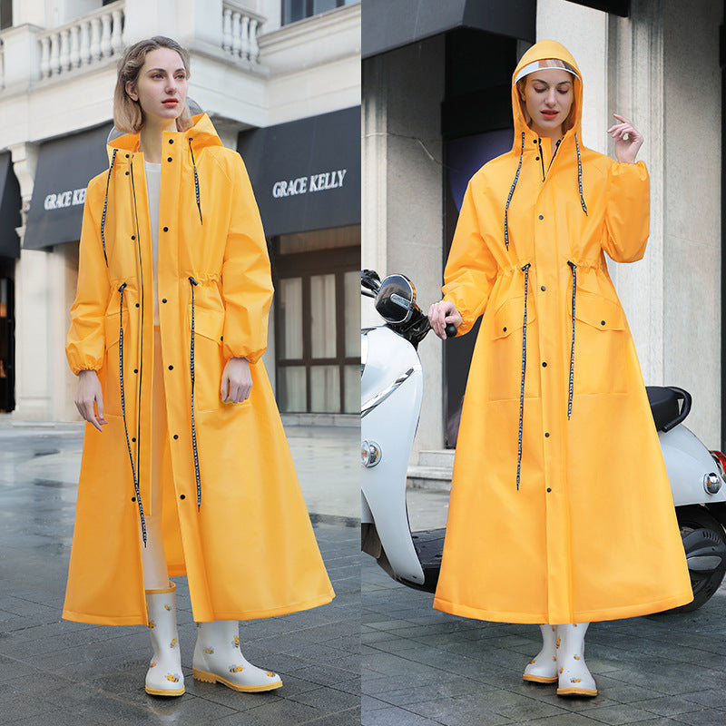 Yellow Women's Long Waterproof Raincoat with Hood and Visor - Stylish Rain Jacket (Size - L)