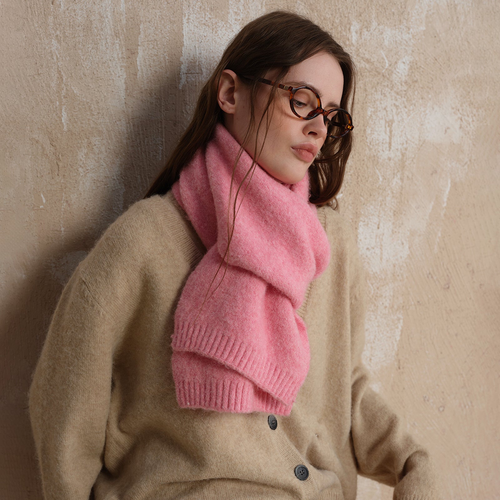 Pink Soft Wool Blend Knitted Scarf Women Men Winter Pure Color Neck Wrap (157x22cm)