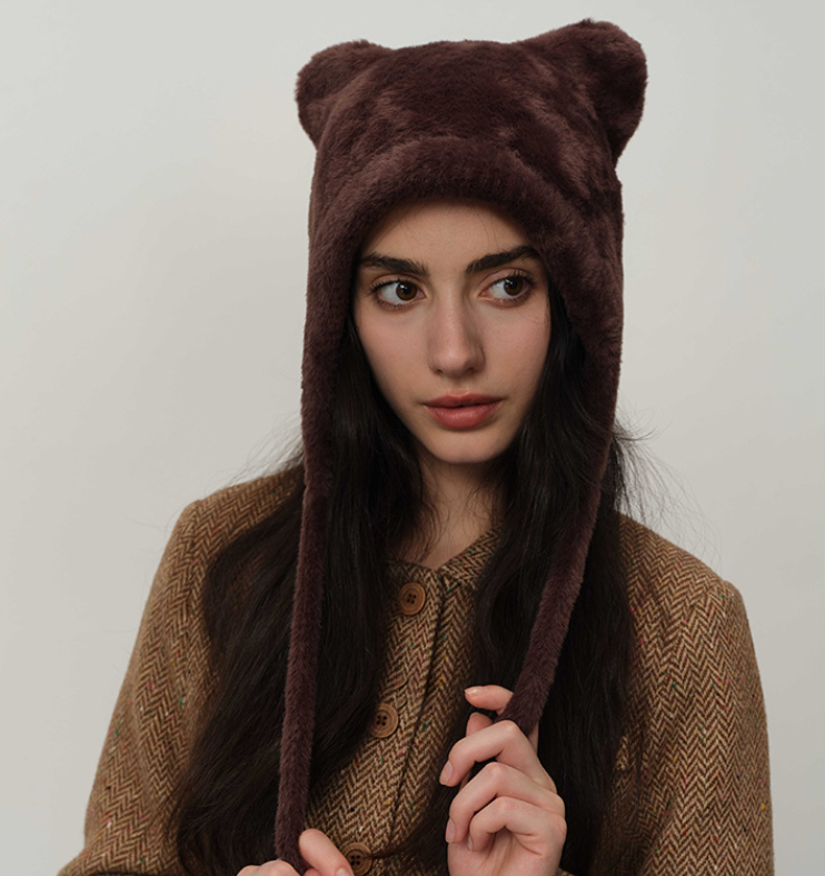 Dark brown Fluffy Cat Ear Winter Earflap Hat Women Knitted Warm Cold Weather Cap