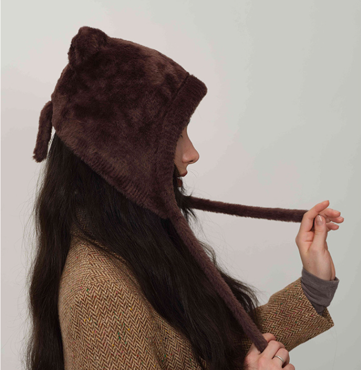 Dark brown Fluffy Cat Ear Winter Earflap Hat Women Knitted Warm Cold Weather Cap