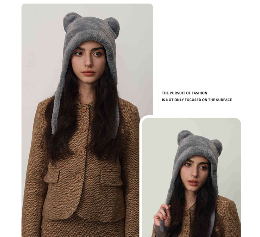 Light gray Fluffy Cat Ear Winter Earflap Hat Women Knitted Warm Cold Weather Cap