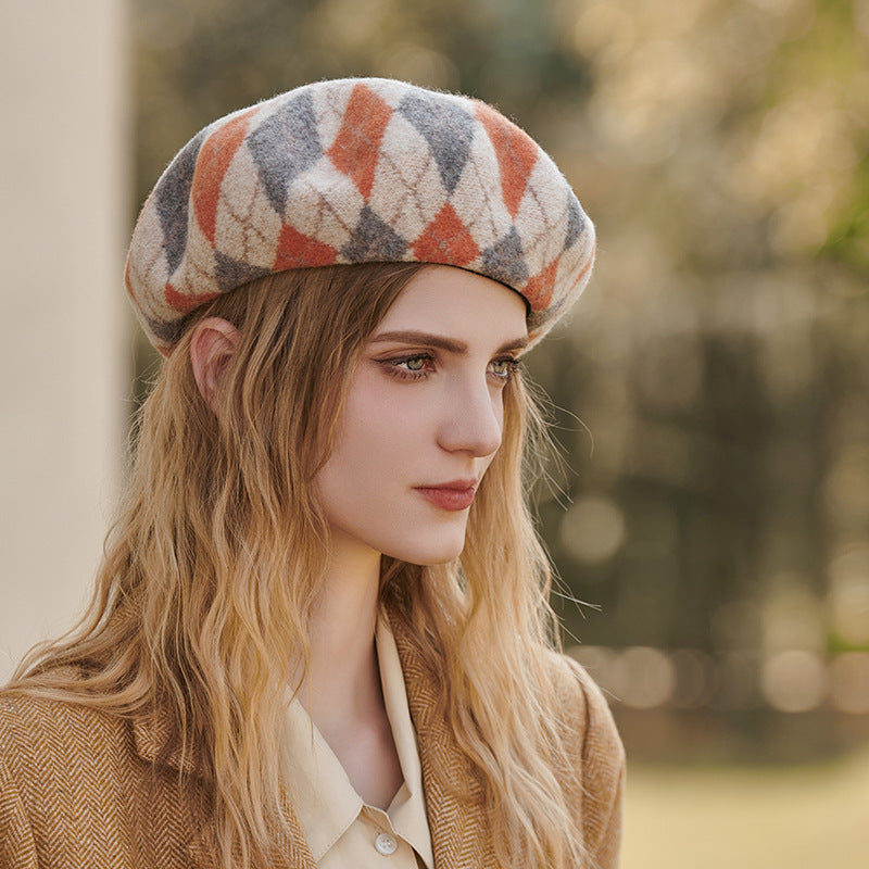 Diamond Colorblock Wool Beret - Stylish Plaid Painter Hat, Warm and Soft - (Orange)