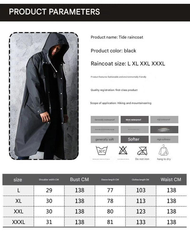 Stylish Black Trench Raincoat - Extra Long, Hooded, for Hiking & Fishing - XXL
