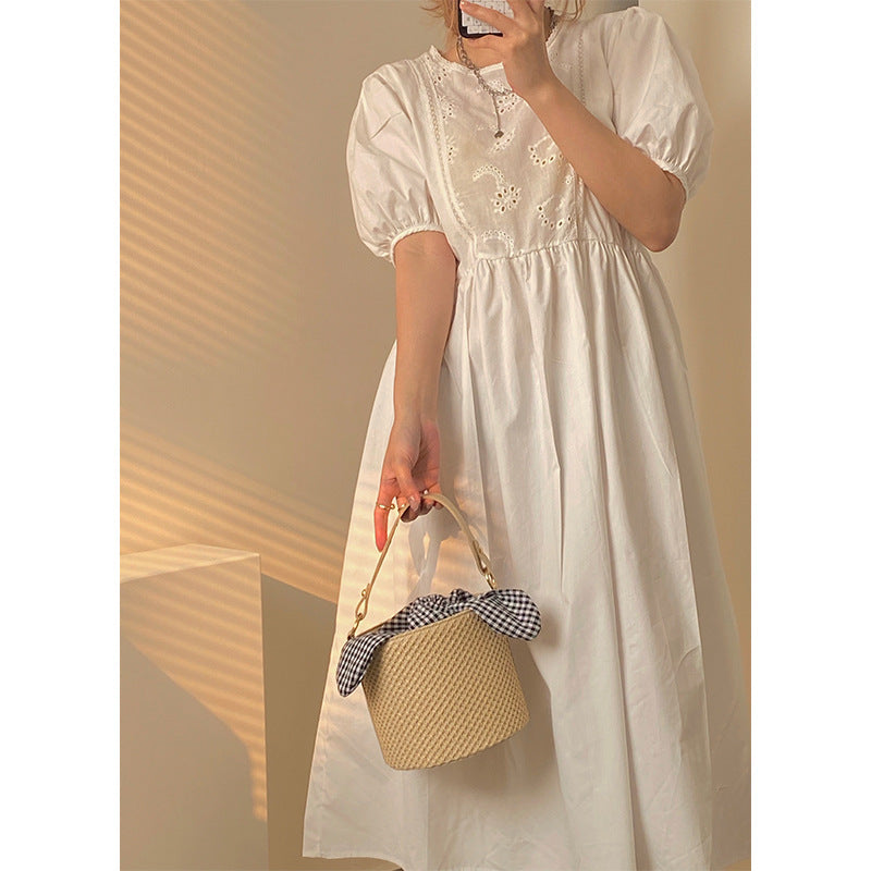Woven Straw Bucket Bag with Gingham Bow Accent - Mini Top Handle & Crossbody