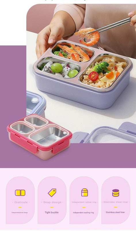 Pink 3-Compartment Stainless Steel Bento Lunch Box - Leak-Proof, for Kids & Adults for School & Office